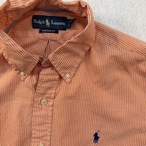 Ralph Lauren Mens Custom Fit Gingham Button Down Shirt Orange White Large
